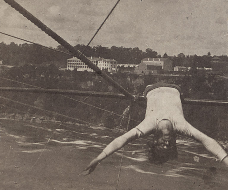 Blondin hanging over the wire, c. 1860
